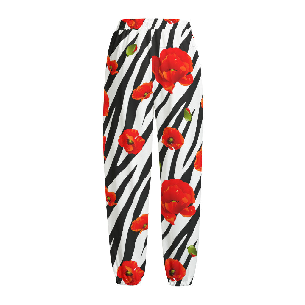 Black White Zebra Flower Pattern Print Fleece Lined Knit Pants