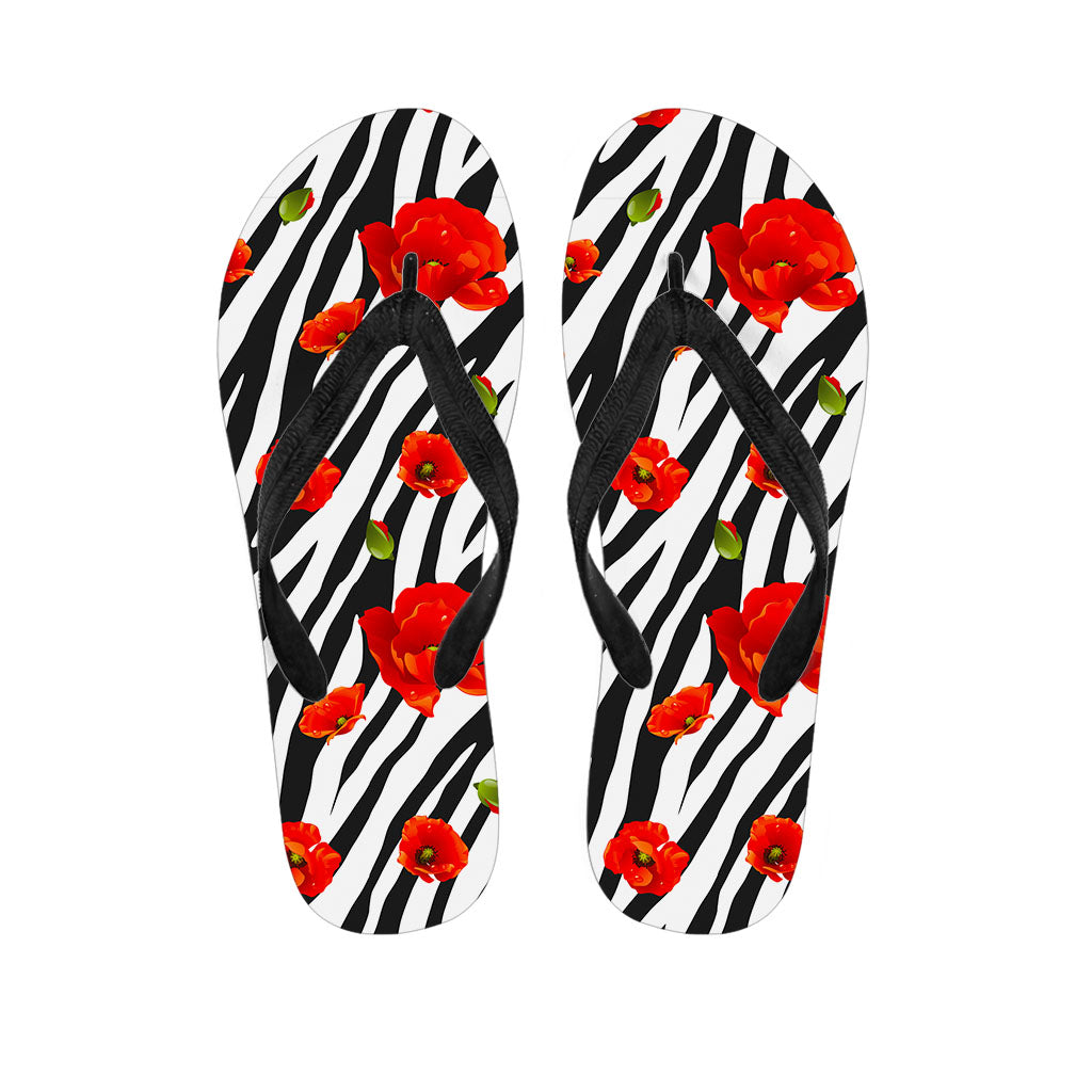 Black White Zebra Flower Pattern Print Flip Flops