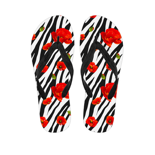 Black White Zebra Flower Pattern Print Flip Flops