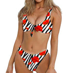 Black White Zebra Flower Pattern Print Front Bow Tie Bikini