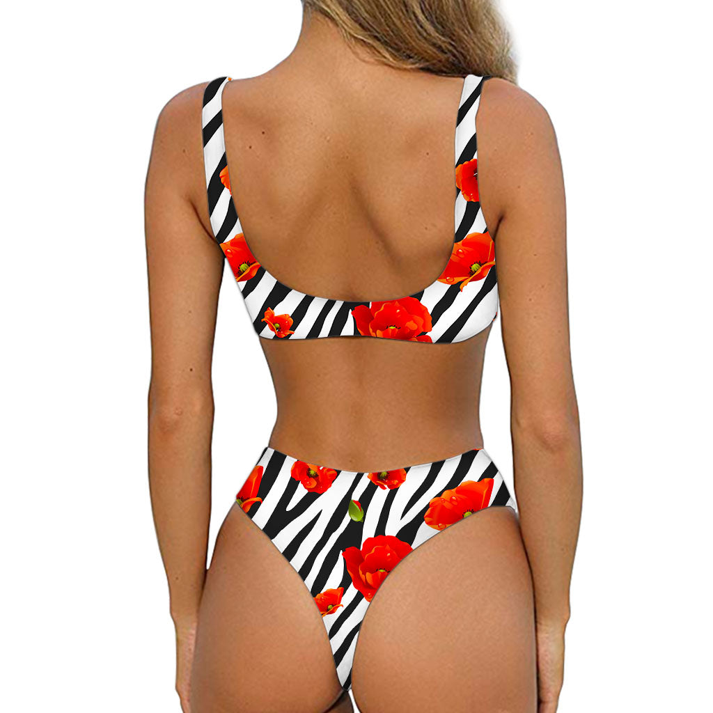 Black White Zebra Flower Pattern Print Front Bow Tie Bikini
