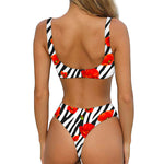 Black White Zebra Flower Pattern Print Front Bow Tie Bikini
