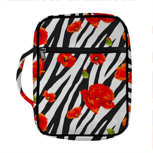 Black White Zebra Flower Pattern Print Front Pocket Bible Bag