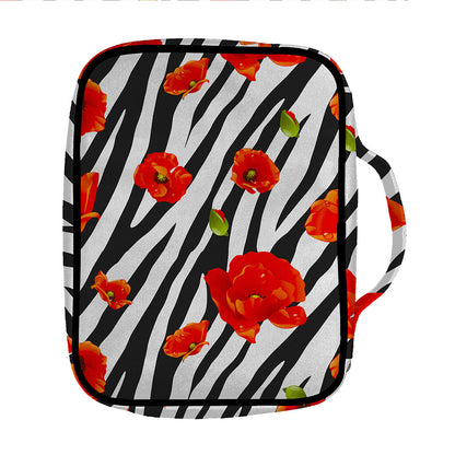 Black White Zebra Flower Pattern Print Front Pocket Bible Bag