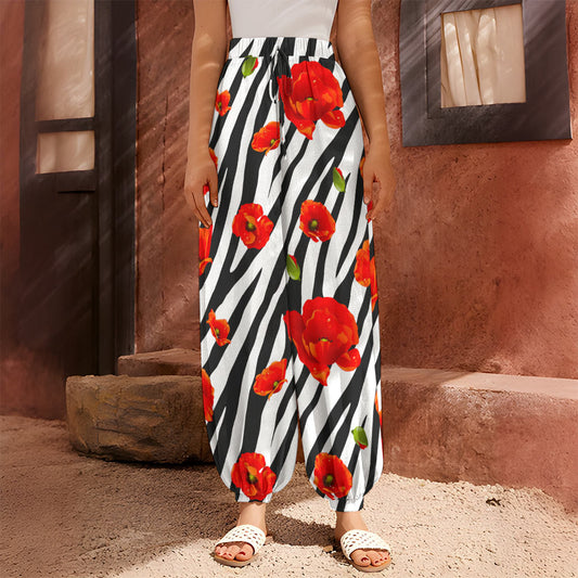 Black White Zebra Flower Pattern Print Harem Pants