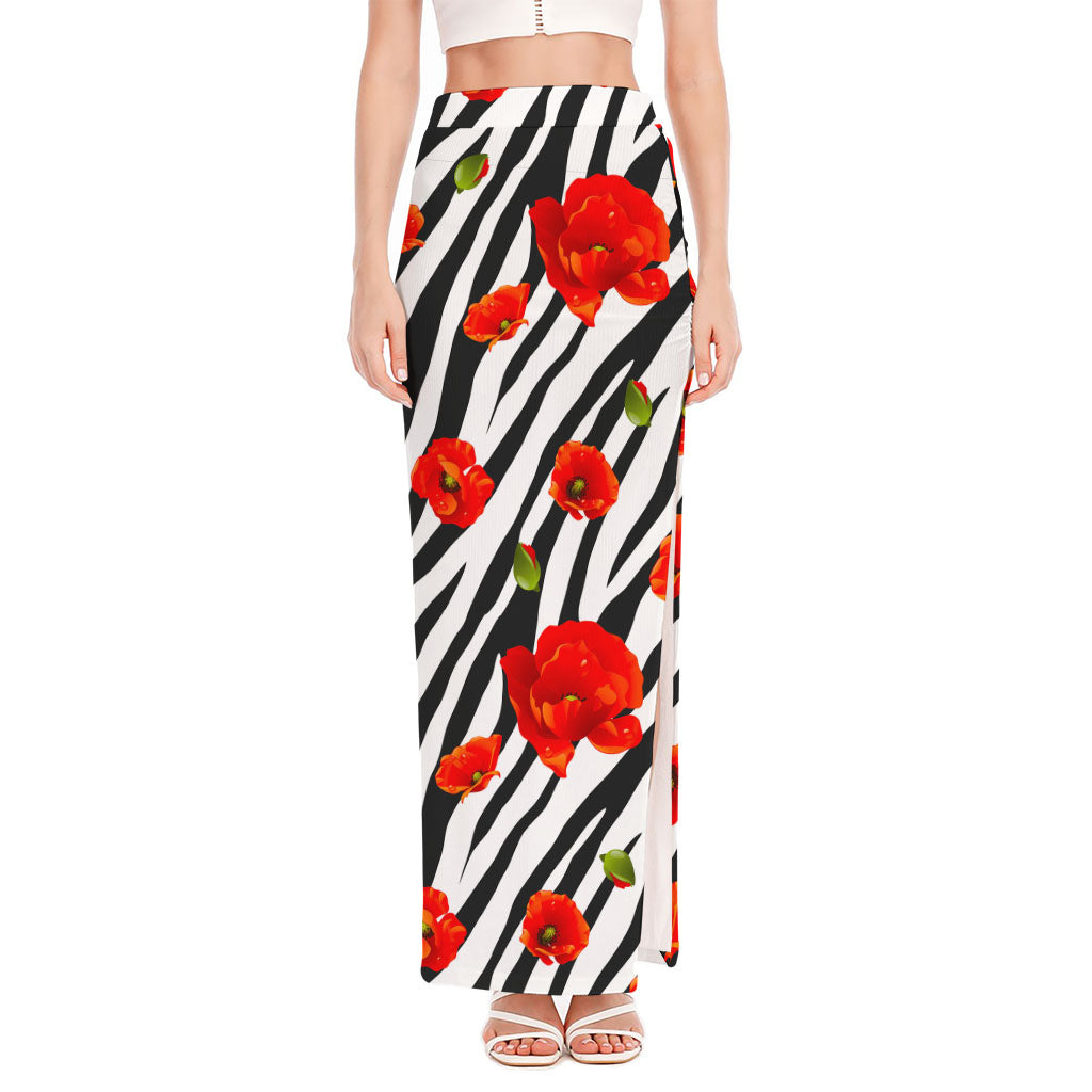 Black White Zebra Flower Pattern Print High Slit Maxi Skirt