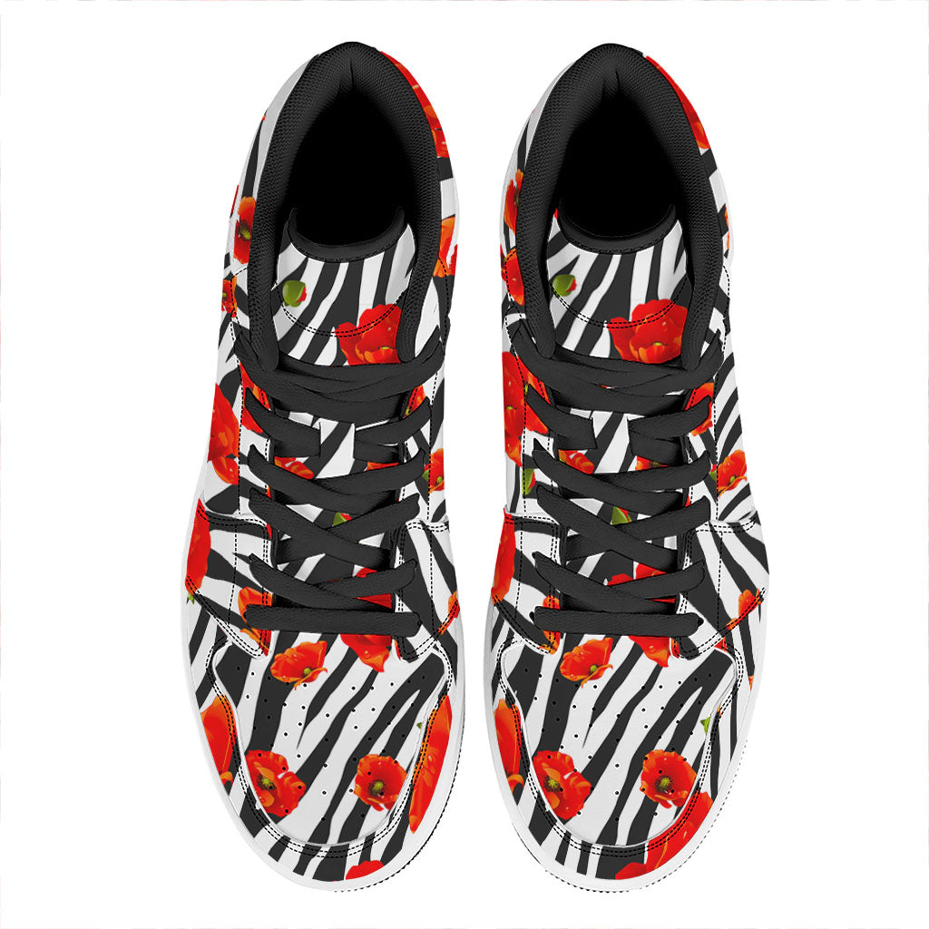 Black White Zebra Flower Pattern Print High Top Leather Sneakers