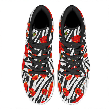 Black White Zebra Flower Pattern Print High Top Leather Sneakers