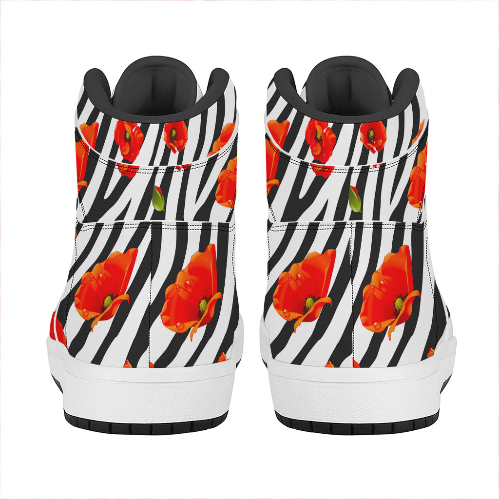 Black White Zebra Flower Pattern Print High Top Leather Sneakers