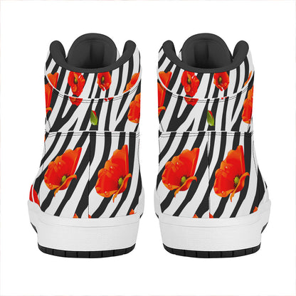 Black White Zebra Flower Pattern Print High Top Leather Sneakers