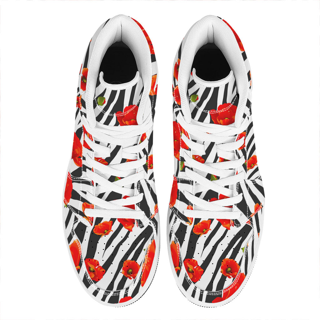 Black White Zebra Flower Pattern Print High Top Leather Sneakers