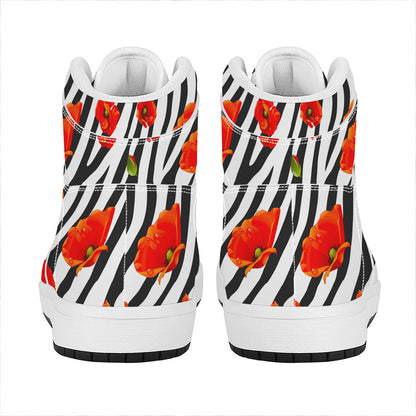 Black White Zebra Flower Pattern Print High Top Leather Sneakers
