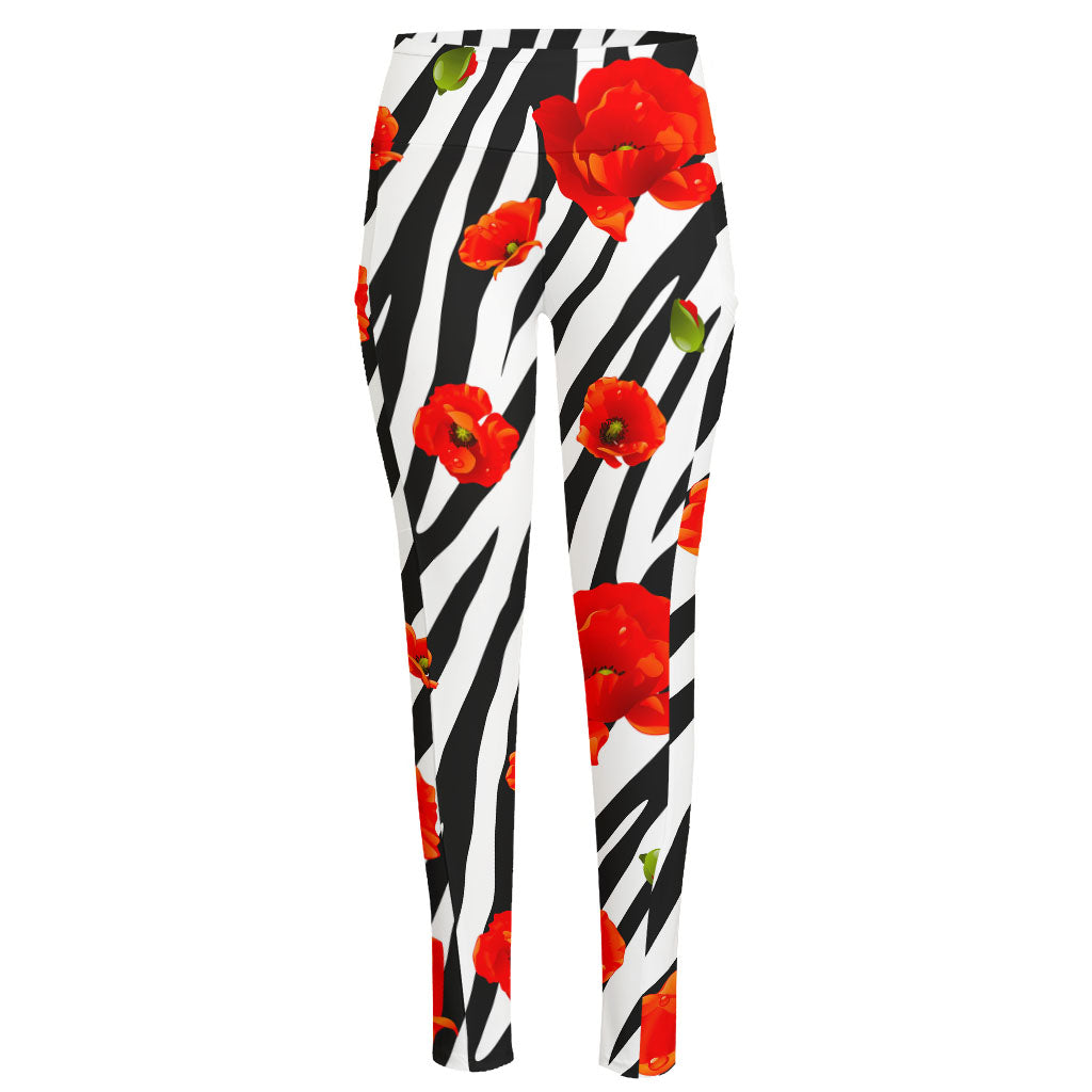 Black White Zebra Flower Pattern Print High-Waisted Pocket Leggings