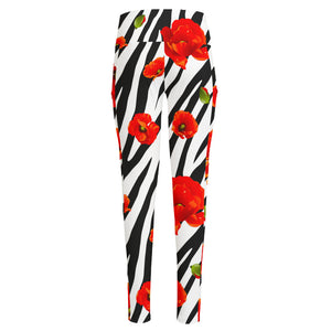 Black White Zebra Flower Pattern Print High-Waisted Pocket Leggings