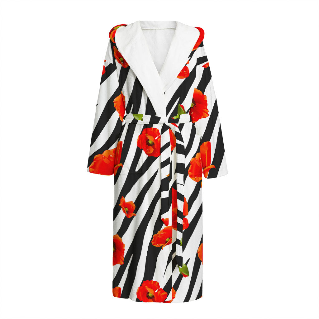 Black White Zebra Flower Pattern Print Hooded Bathrobe