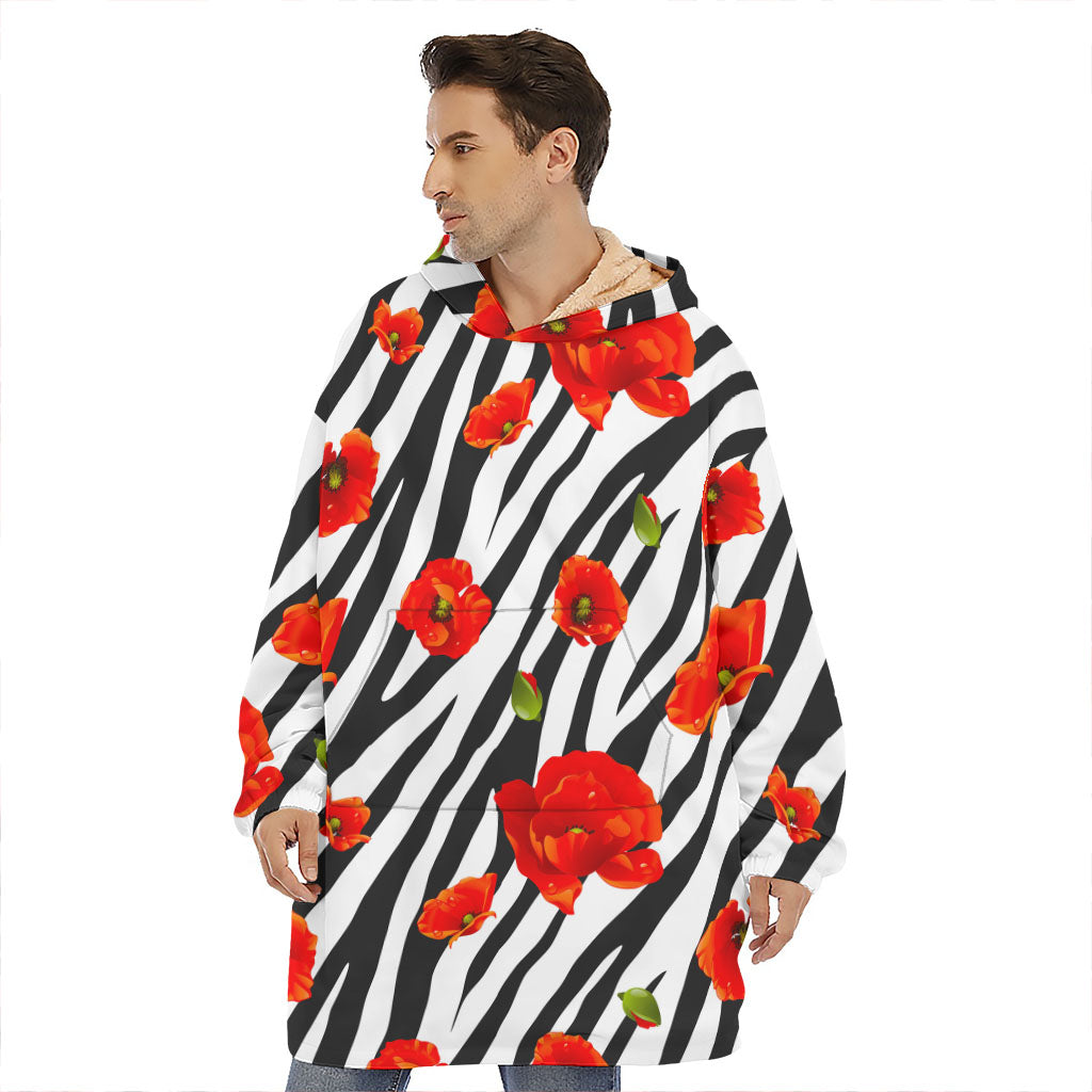 Black White Zebra Flower Pattern Print Hoodie Blanket