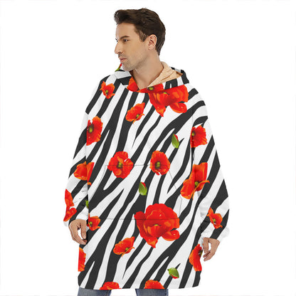Black White Zebra Flower Pattern Print Hoodie Blanket