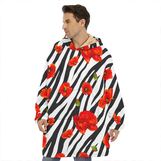 Black White Zebra Flower Pattern Print Hoodie Blanket