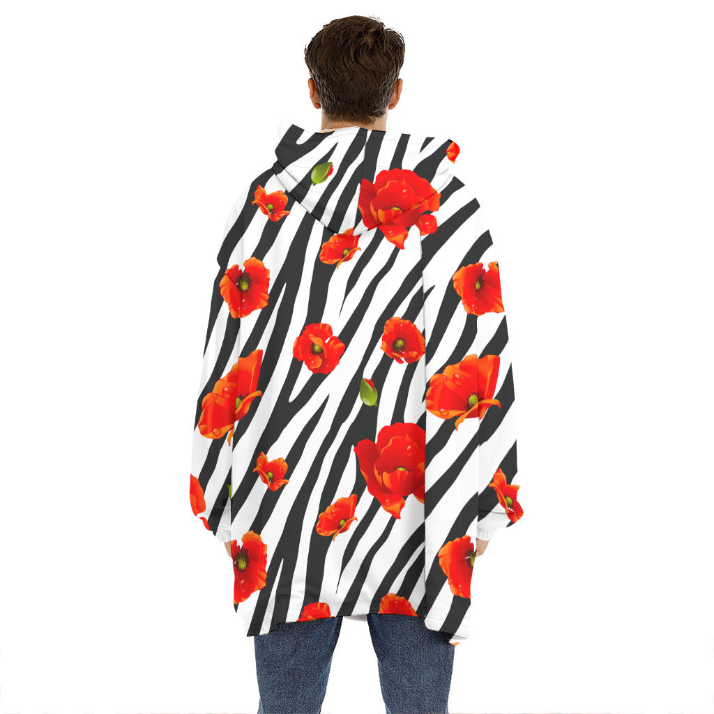 Black White Zebra Flower Pattern Print Hoodie Blanket