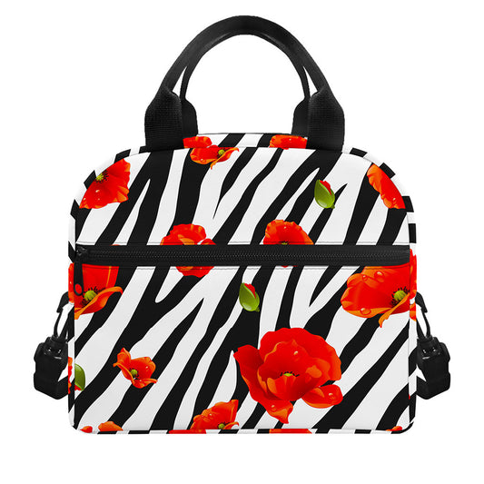 Black White Zebra Flower Pattern Print Insulated Lunch Bag