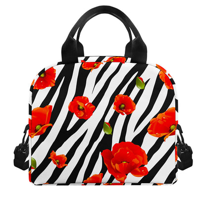 Black White Zebra Flower Pattern Print Insulated Lunch Bag