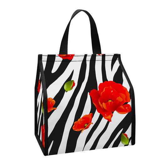 Black White Zebra Flower Pattern Print Insulated Lunch Tote