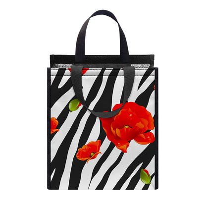Black White Zebra Flower Pattern Print Insulated Lunch Tote