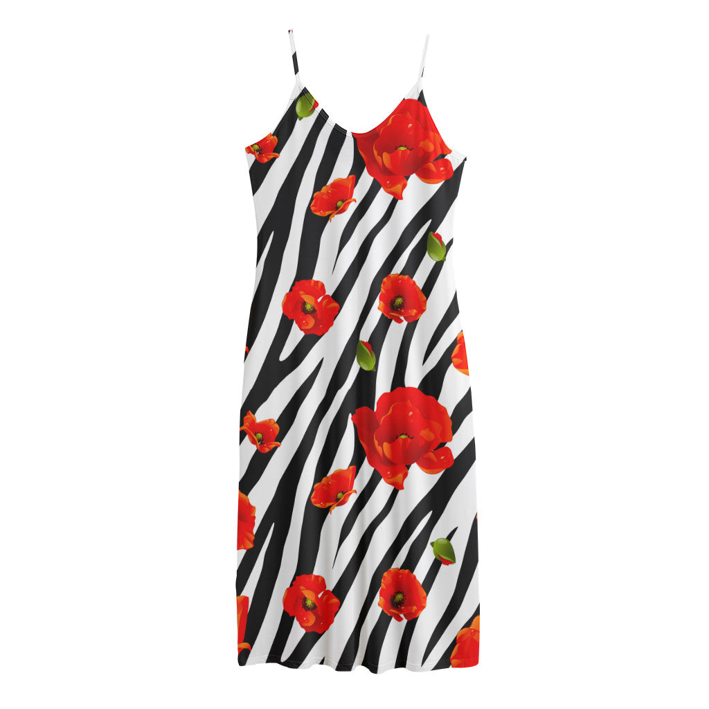 Black White Zebra Flower Pattern Print Jersey Midi Cami Dress