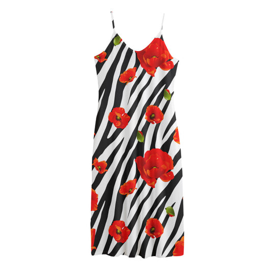 Black White Zebra Flower Pattern Print Jersey Midi Cami Dress