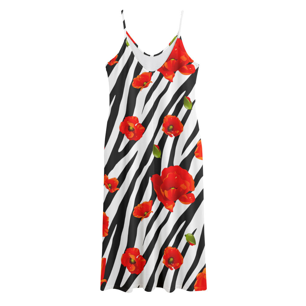 Black White Zebra Flower Pattern Print Jersey Midi Cami Dress