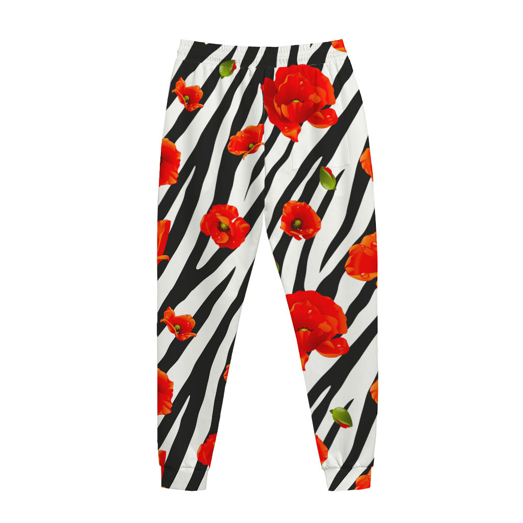 Black White Zebra Flower Pattern Print Jogger Pants