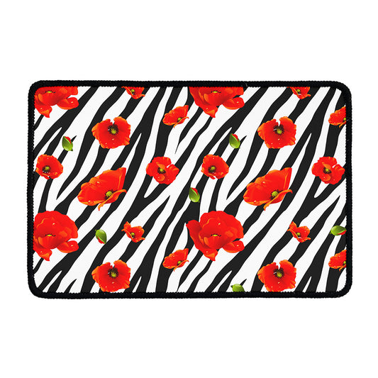 Black White Zebra Flower Pattern Print Kitchen Mat
