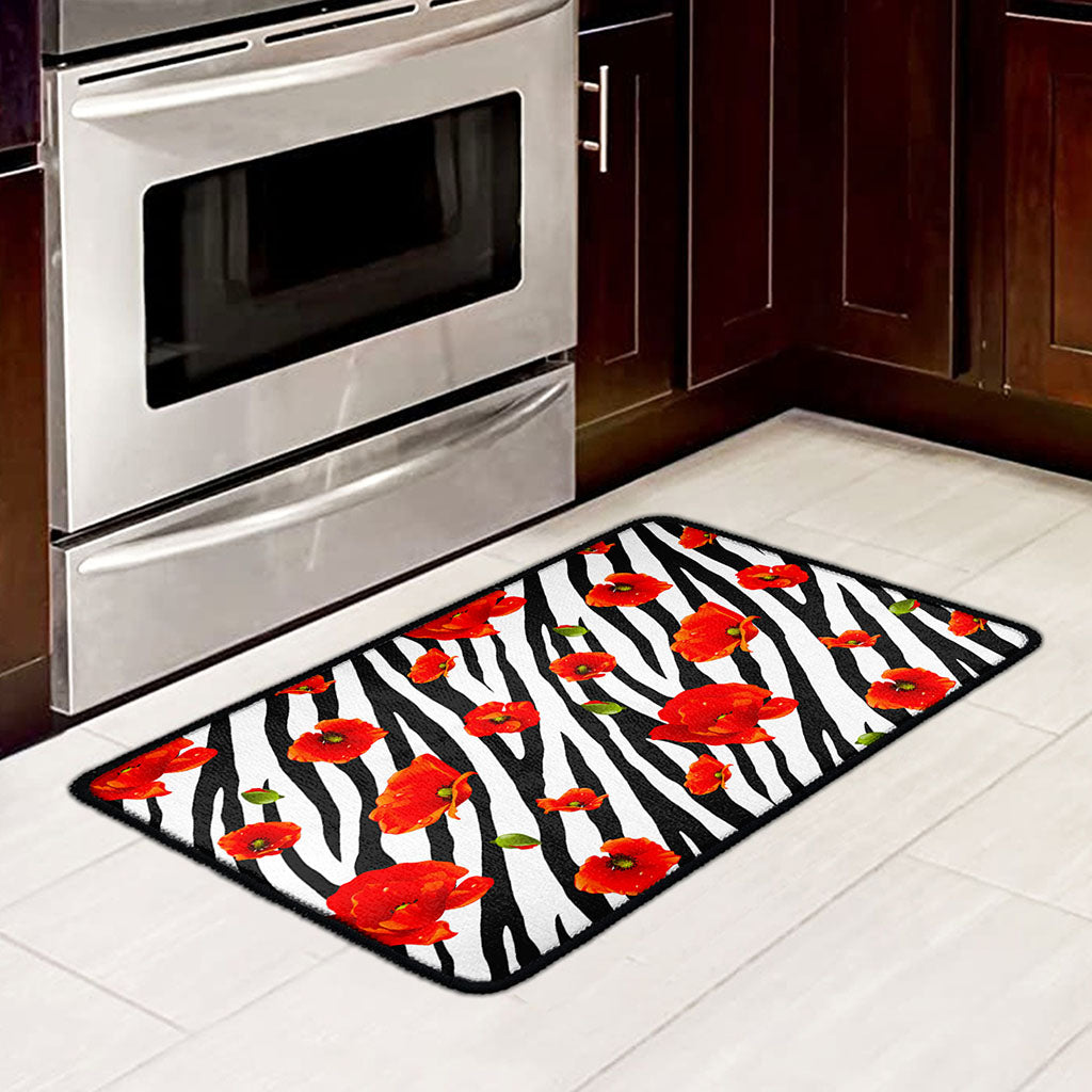Black White Zebra Flower Pattern Print Kitchen Mat