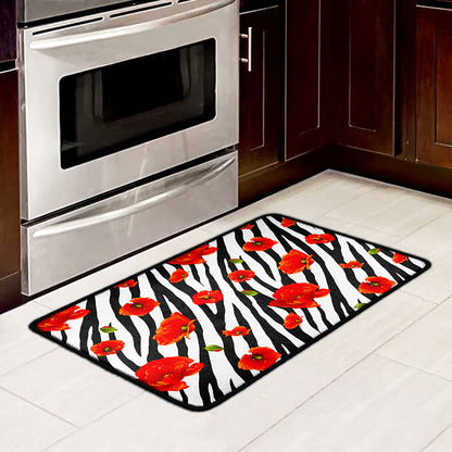 Black White Zebra Flower Pattern Print Kitchen Mat