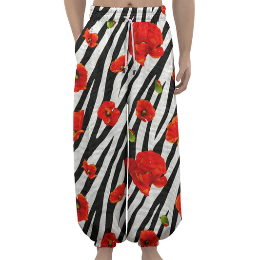 Black White Zebra Flower Pattern Print Lantern Pants