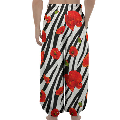 Black White Zebra Flower Pattern Print Lantern Pants
