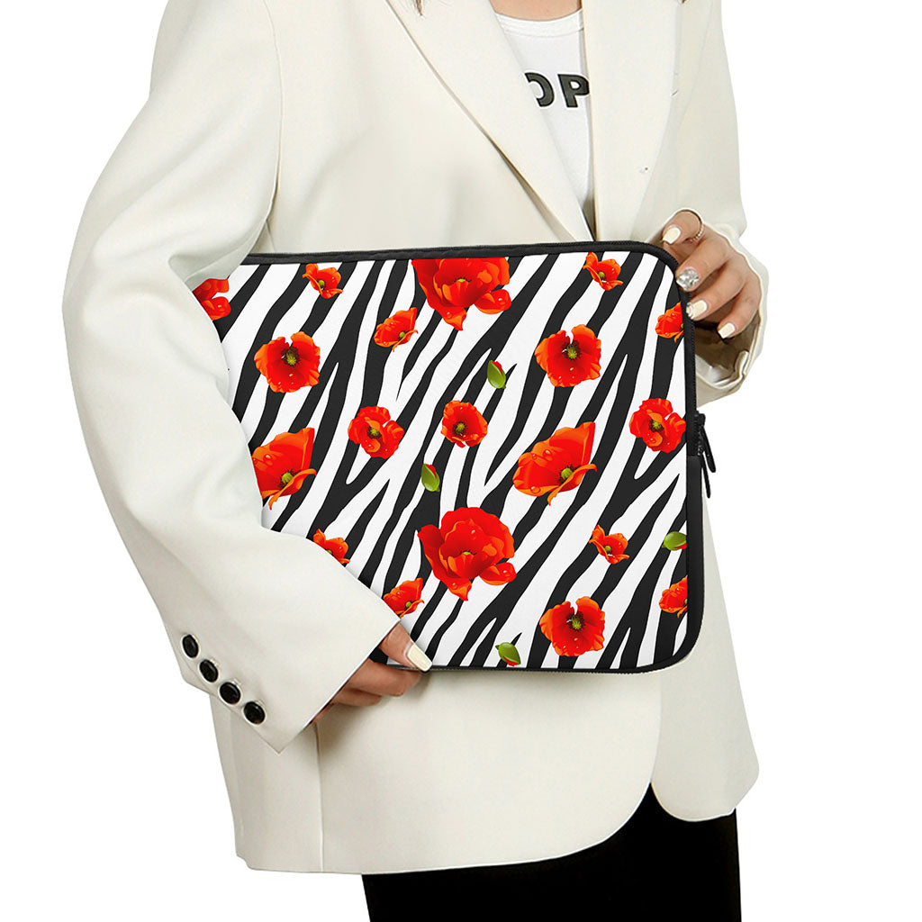 Black White Zebra Flower Pattern Print Laptop Sleeve