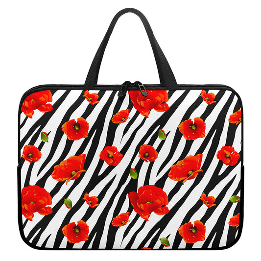 Black White Zebra Flower Pattern Print Laptop Sleeve With Handle