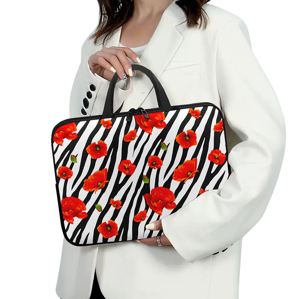 Black White Zebra Flower Pattern Print Laptop Sleeve With Handle