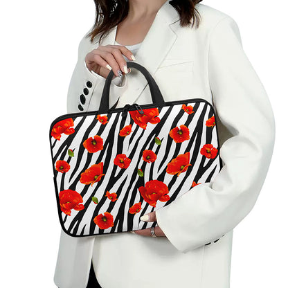Black White Zebra Flower Pattern Print Laptop Sleeve With Handle