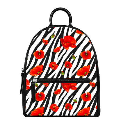 Black White Zebra Flower Pattern Print Leather Backpack