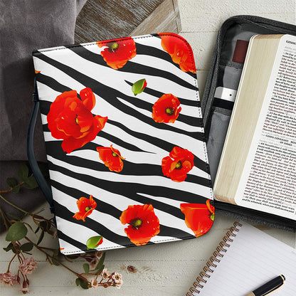 Black White Zebra Flower Pattern Print Leather Bible Cover