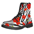 Black White Zebra Flower Pattern Print Lace-Up Boots