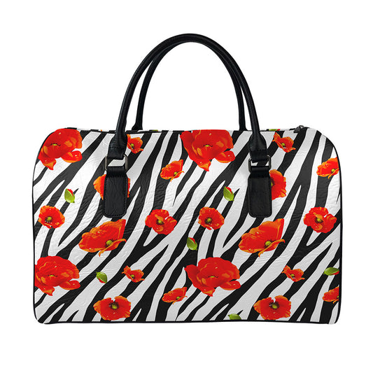 Black White Zebra Flower Pattern Print Leather Duffle Bag