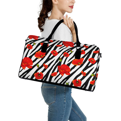 Black White Zebra Flower Pattern Print Leather Duffle Bag