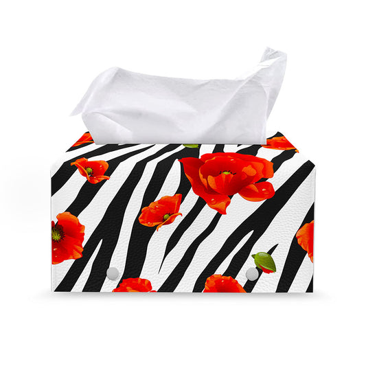 Black White Zebra Flower Pattern Print Leather Tissue Box Cover