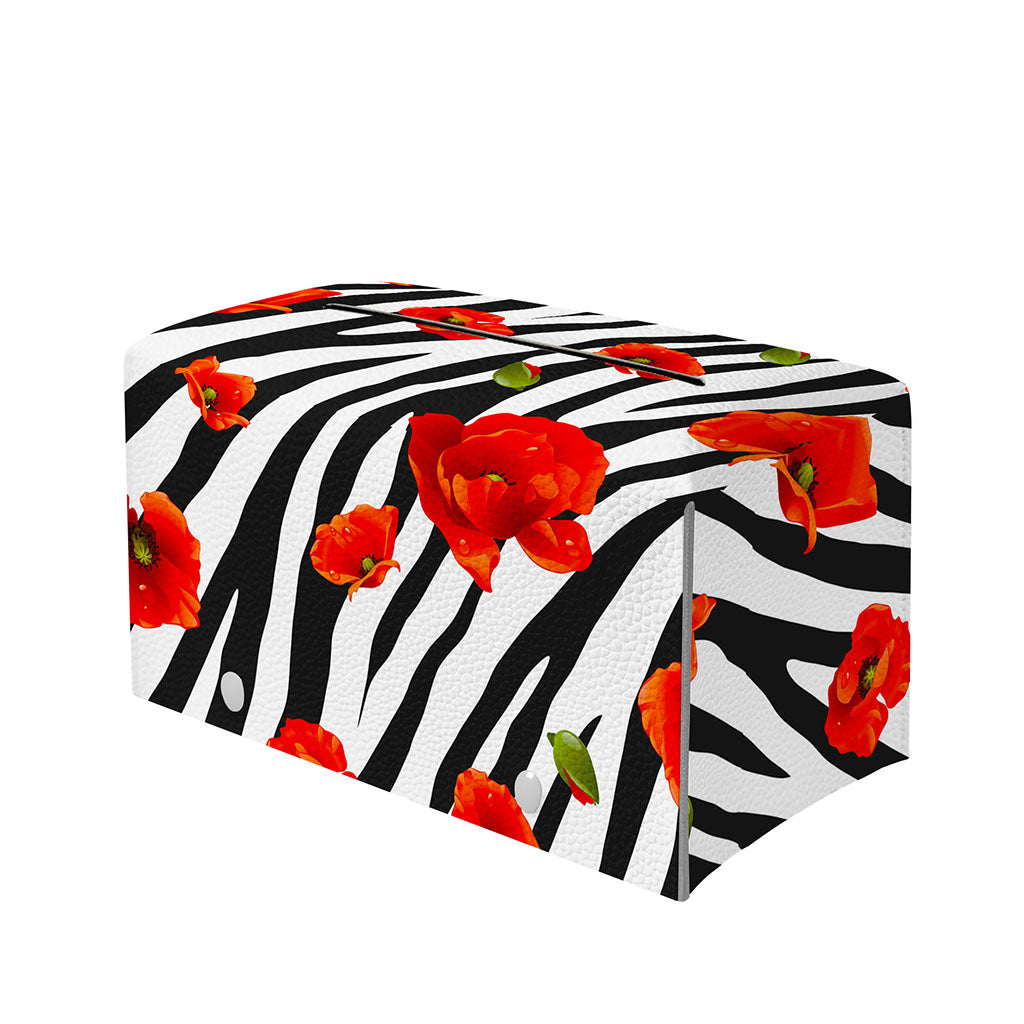 Black White Zebra Flower Pattern Print Leather Tissue Box Cover