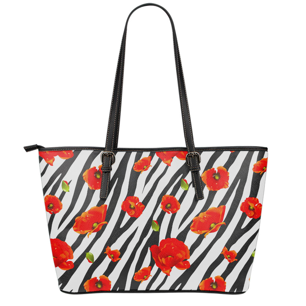 Black White Zebra Flower Pattern Print Leather Tote Bag