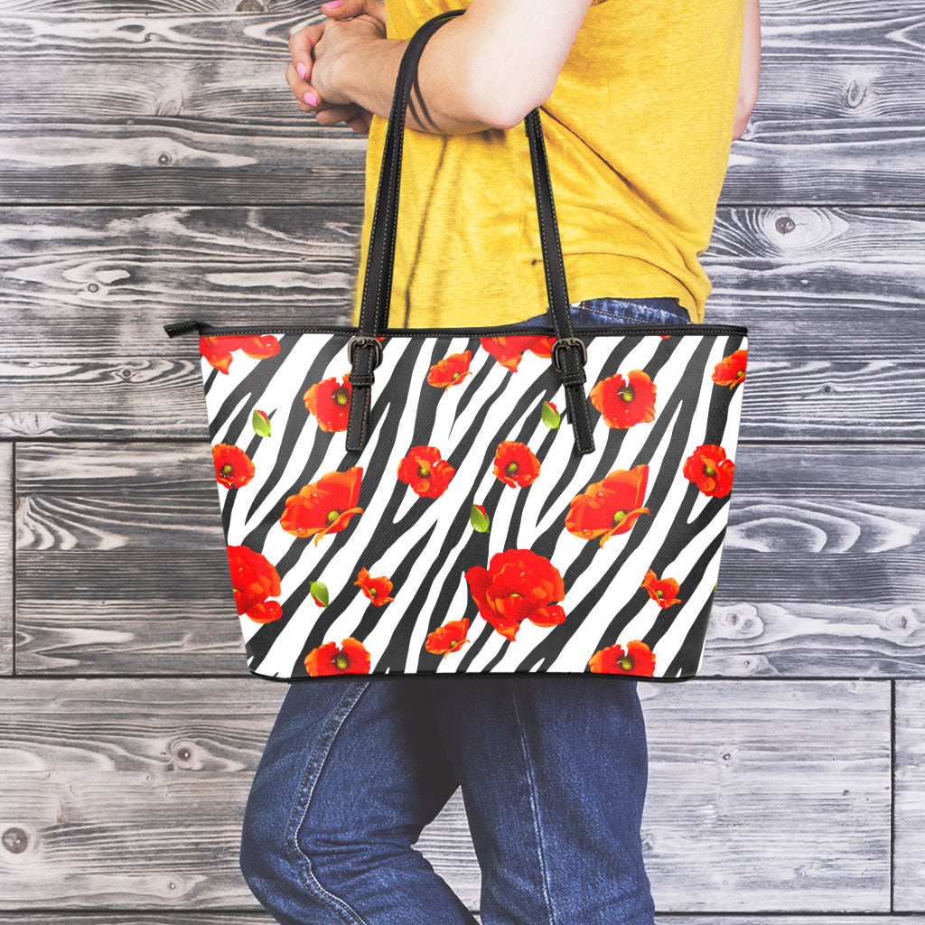 Black White Zebra Flower Pattern Print Leather Tote Bag