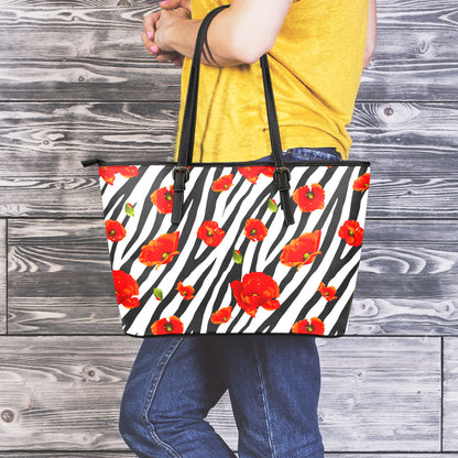 Black White Zebra Flower Pattern Print Leather Tote Bag
